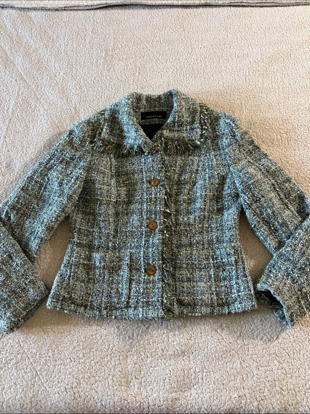 Jones New York Wool Blend Boucle Fringe Blazer Green Size 8